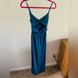 Blue midi dress with side zipper and mesh middle detail